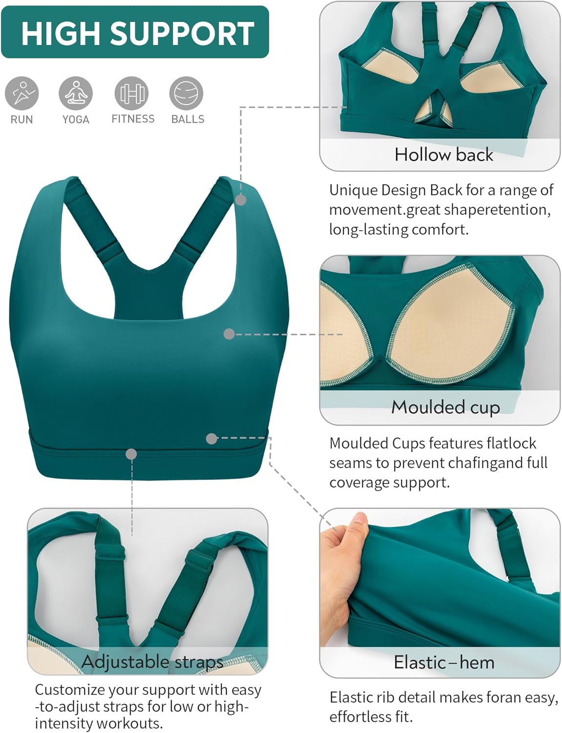 RUNNING GIRL High Impact Sports Bras for Women High Support Molded Cups, Adjustable Straps Sports Bra with Sewn in Pads - Image 3