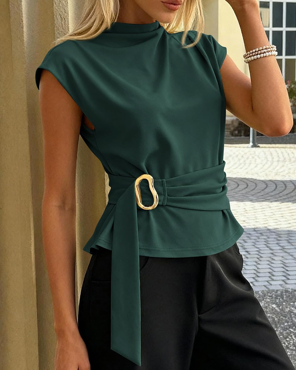 PRETTYGARDEN Women Blouses Spring Dressy Cap Sleeve Mock Neck Work Shirts Buckle Tunic Summer Business Casual Tops 2026 - Image 6