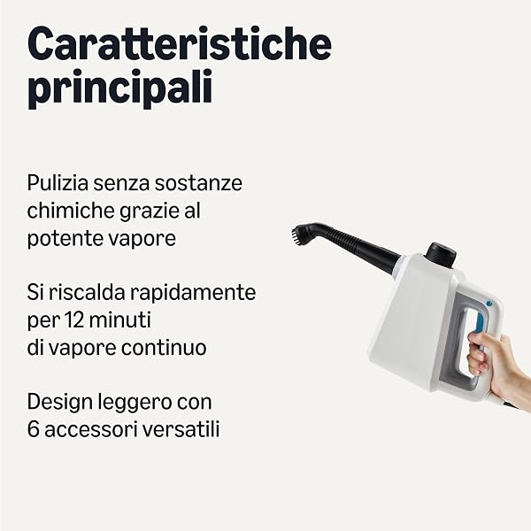 Amazon Basics Pulitore a Vapore Portatile per la Casa con 9 Accessori, Potente Getto di Vapore da 1000W, Serbatoio da 250mL, Bianco - 2