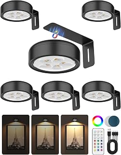 Picture Lights for Wall,Wireless 2000mAh Rechargeable Magnetic LED Puck Lights with Remote,Warm Color Temps and 12 RGB,Dimming & Timer,Art Frame Light for Painting Display,Photos,Wall Decor(6 Pack)