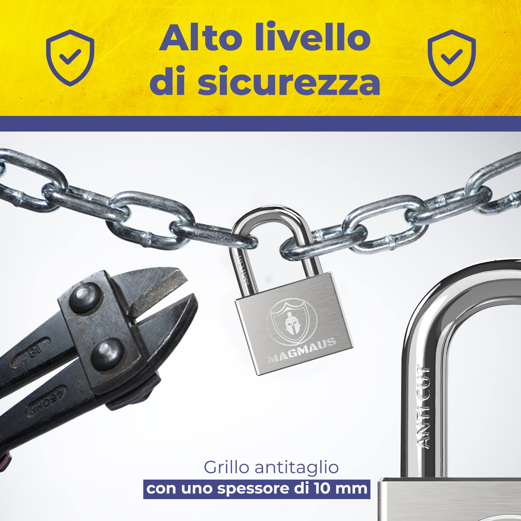 Magmaus® PDE50 Lucchetto Antiscasso Alta Sicurezza, Serratura per Cancello Esterno e Lucchetti 50mm con 3 Chiave, Acciaio e Lega di Boro per Catena e Garage, Ideale per Armadietto e Palestra e Catena
