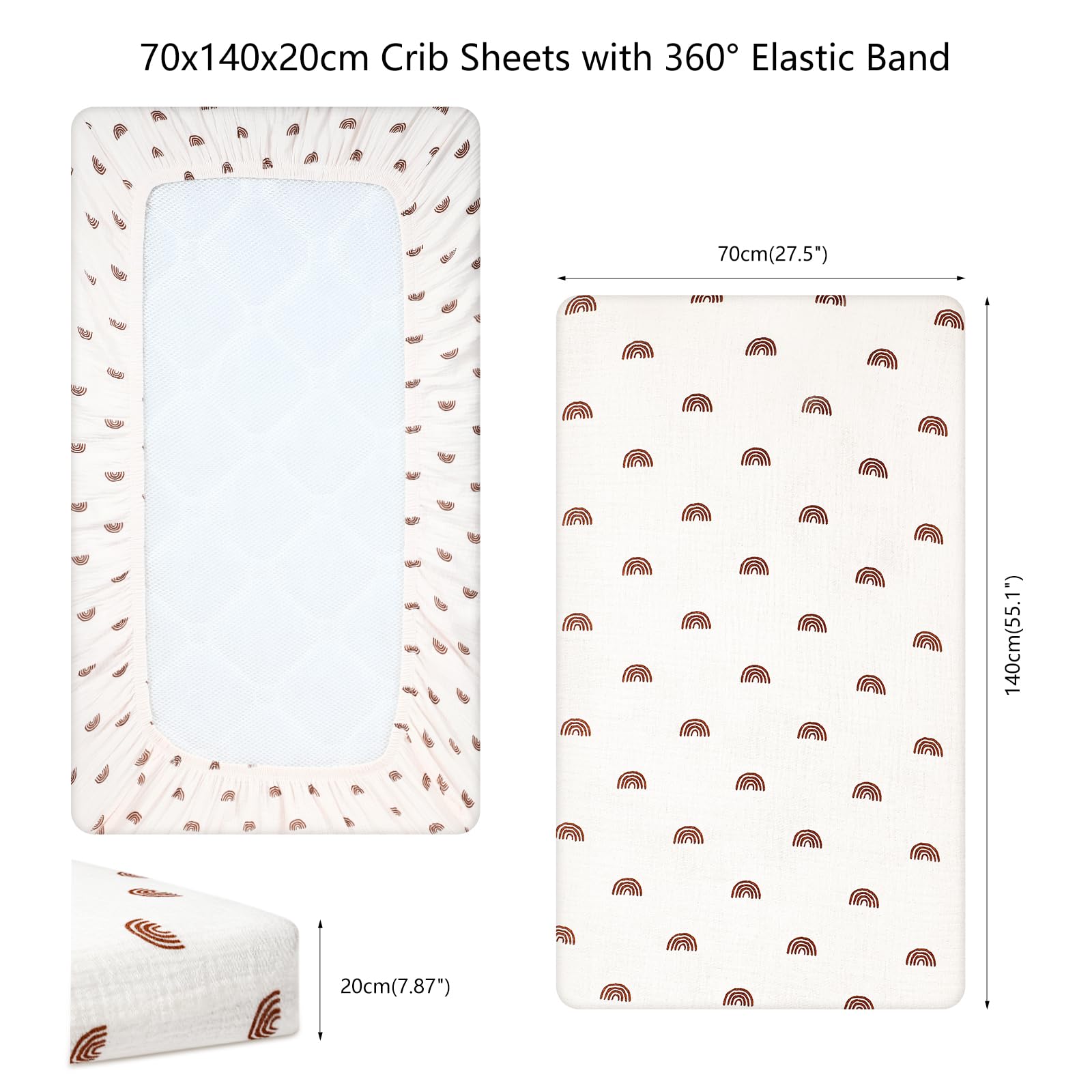 Drap Housse 70x140 cm, Mousseline de Coton Drap Housse Lit Bebe, Protege Matelas Bebe Doux et Respirant pour Lits Bébé, Lit de Voyage et Lit D'appoint, Lot de 2 (Arc-en-Ciel)