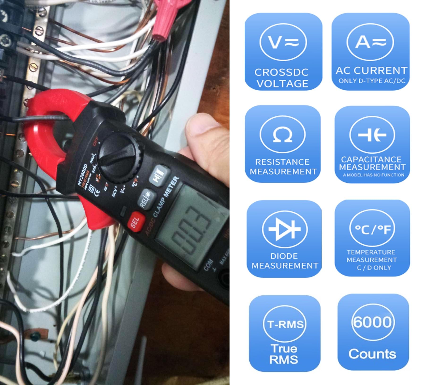 MY2600D Digital Clamp Multimeter, AC/DC Amp Volt Meter, NCV Voltage Tester, Resistance Capacitance Diode Continuity Multi Meter, Frequency, Duty Cycle, True RMS, 6000 Counts, High Voltage Protection