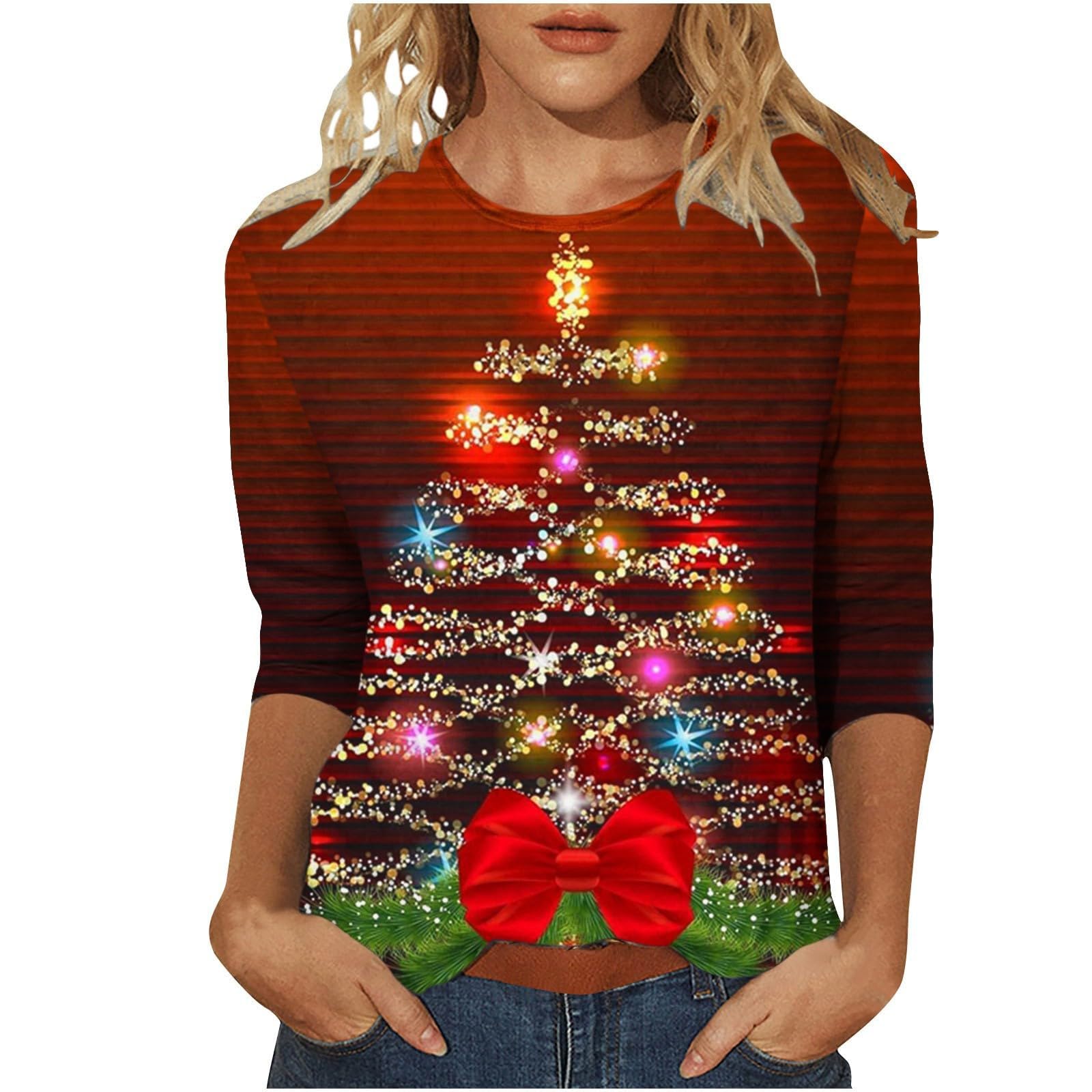 Miyaomn Women's Christmas Printed Tshirts Slim Fit 3/4 Sleeve Crew Neck Tops Xmas Tree Graphic Pullover Blouses Holiday Party