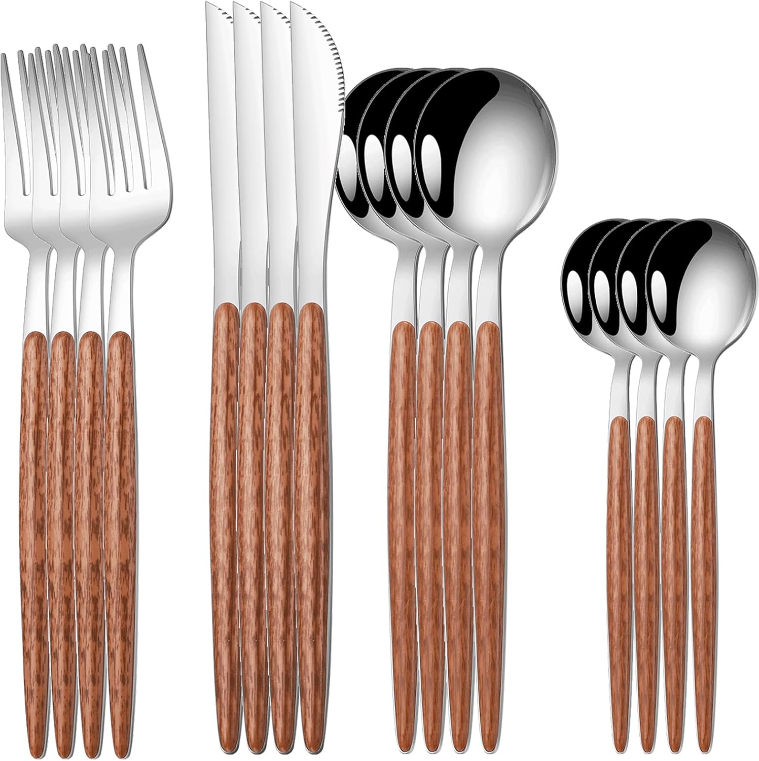 16 Pcs Gold Silverware Set with Simulated Wooden Handle for 4,Stainless Steel Cutlery Set,Mirror Polished Tableware Utensils Flatware Set,Include Knives Spoons and Forks set,Dishwasher Safe