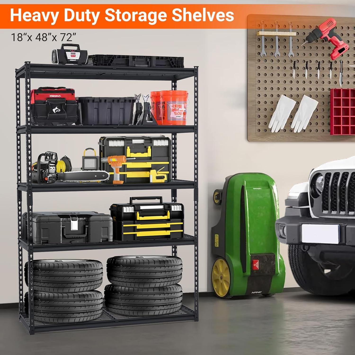 Garage Storage Shelves 5 Tiers, Heavy Duty Storage Shelving Racks with 2500 LBS Capacity, 48 in L x 18 in W x 72 in H Metal Adjustable Utility Shelving Unit for Garage Organization, Basement, Workshop