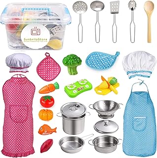 Kids Kitchen Pretend Play Toys,Cooking Set with Stainless Steel Cookware Pots and Pans Set,Cooking Utensils,Apron,Chef Hat,and Cutting Vegetables Play Cooking Set, Toddlers & Children Boys Girls