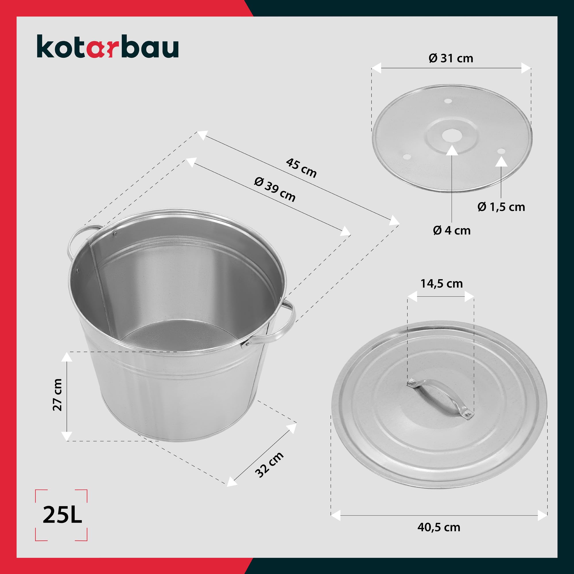KOTARBAU® Olla Grande 25 L, con Tapa y Fondo Perforado, Acero Galvanizado
