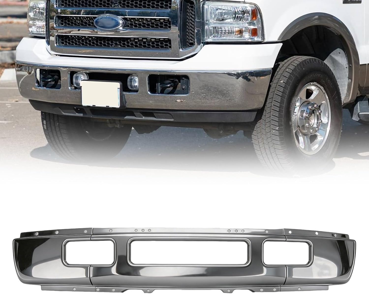 Front Bumper Face Bar Compatible with 2005 2006 2007 Ford F250 F350 with Fog Light Hole Replace for 5C3Z17757BA FO1002392 Chrome