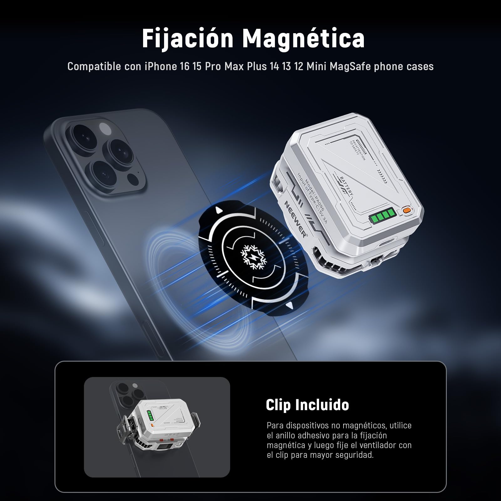 NEEWER BÁSICO Enfriador Magnético Movil con 5000mAh Batería, Carcasa Ventilador Inalámbrico Tipo C con Aro Magnético Clip, Compatible con iPhone 16 15 Pro Max MagSafe Samsung para Gaming, PA096