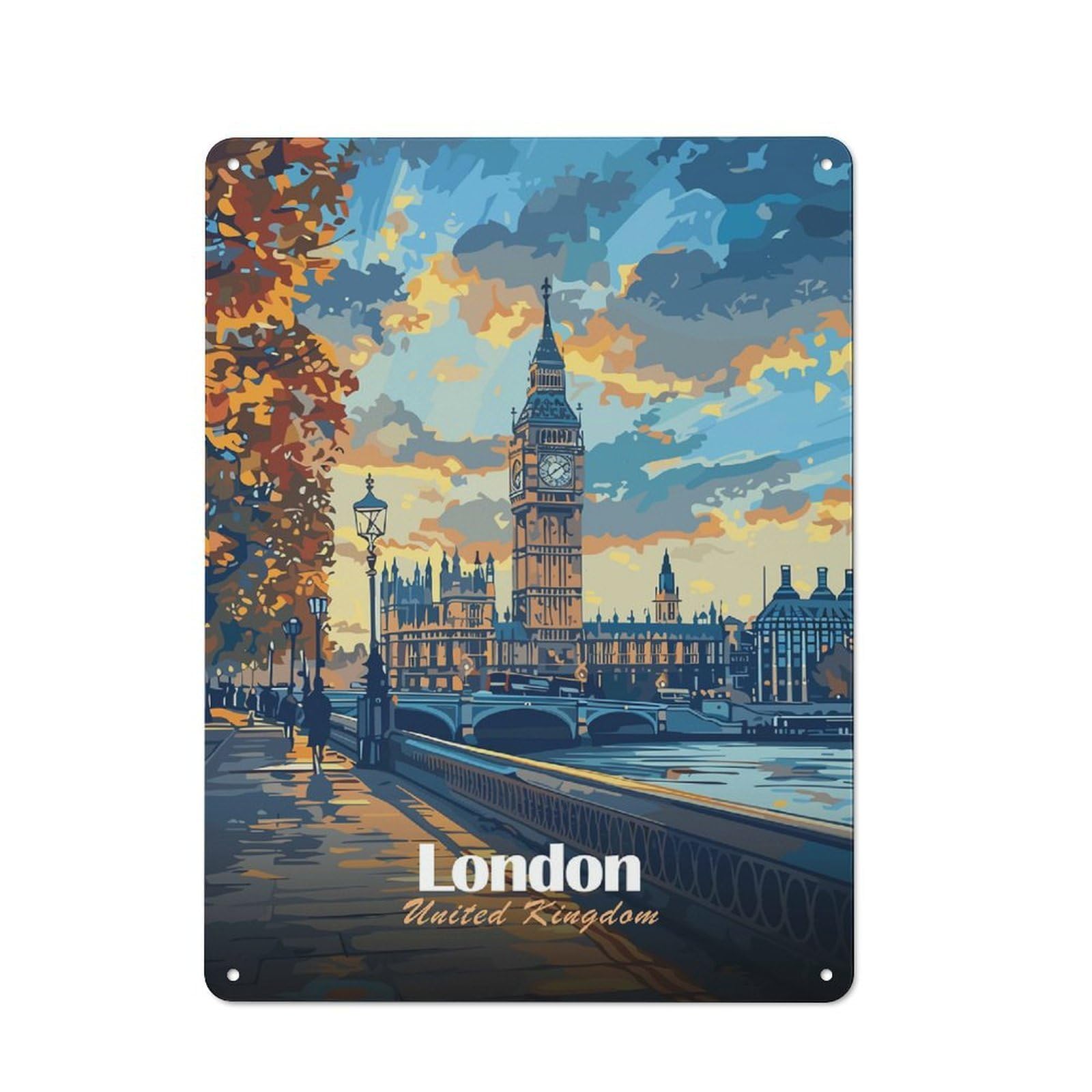 Junmoney Style-21 London, United Kingdom Cityscape Art Printed Metal Sign 40X30cm For Café Or Home Bar, For Kitchen And Home Bar Decor, For Cafés, Pubs And Restaurants