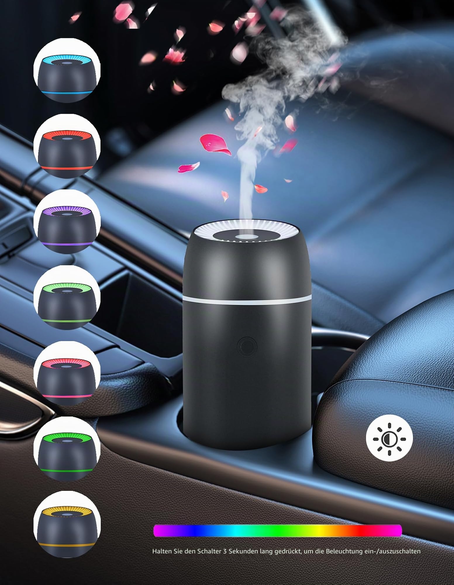 Auto-Diffusor für ätherische Öle und tragbare Mini-Ultraschall-Luftbefeuchter, 100 ml, USB-Aromatherapie-Diffusor mit bunten Lichtern für kleine Räume, Zuhause und Büro