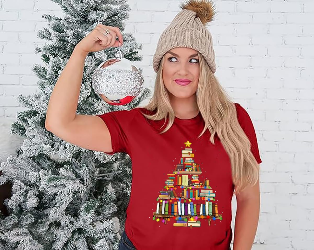 Christmas Books Tree T-Shirt Women Teachers Love Reading Xmas Gift Tee School Christmas Holidays Casual O-Neck Tshirts