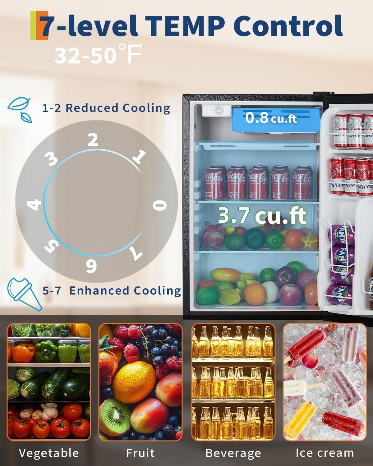 4.5 Cu.Ft Mini Fridge with Freezer, Small Refrigerator w/Single Door, Adjustable Thermostat Energy-Efficient Low Noise, Compact Fridge for Bedroom, Office, Dorm