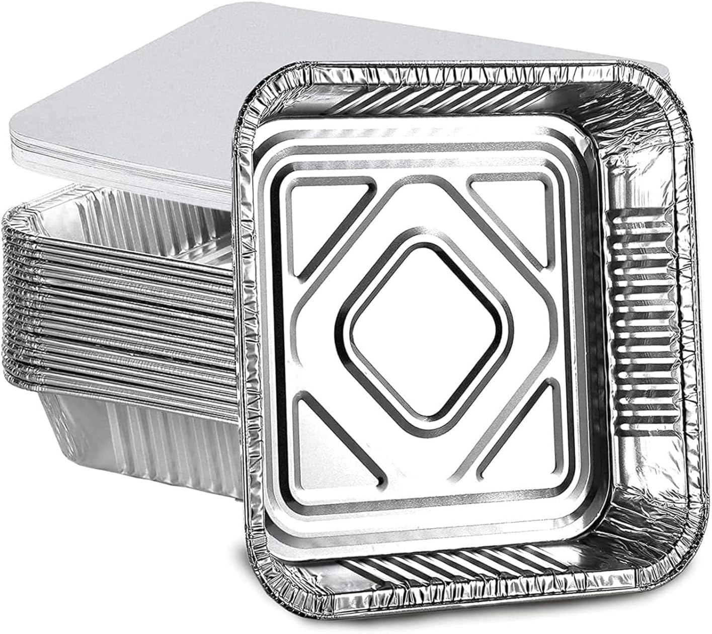 HOMESmith 10 Pack Aluminium Foil Trays with Lids Containers Strong and Large Tin Foil Food Take Away Container Disposable Food Take Out Box with Lid|2 Litre |, Silver