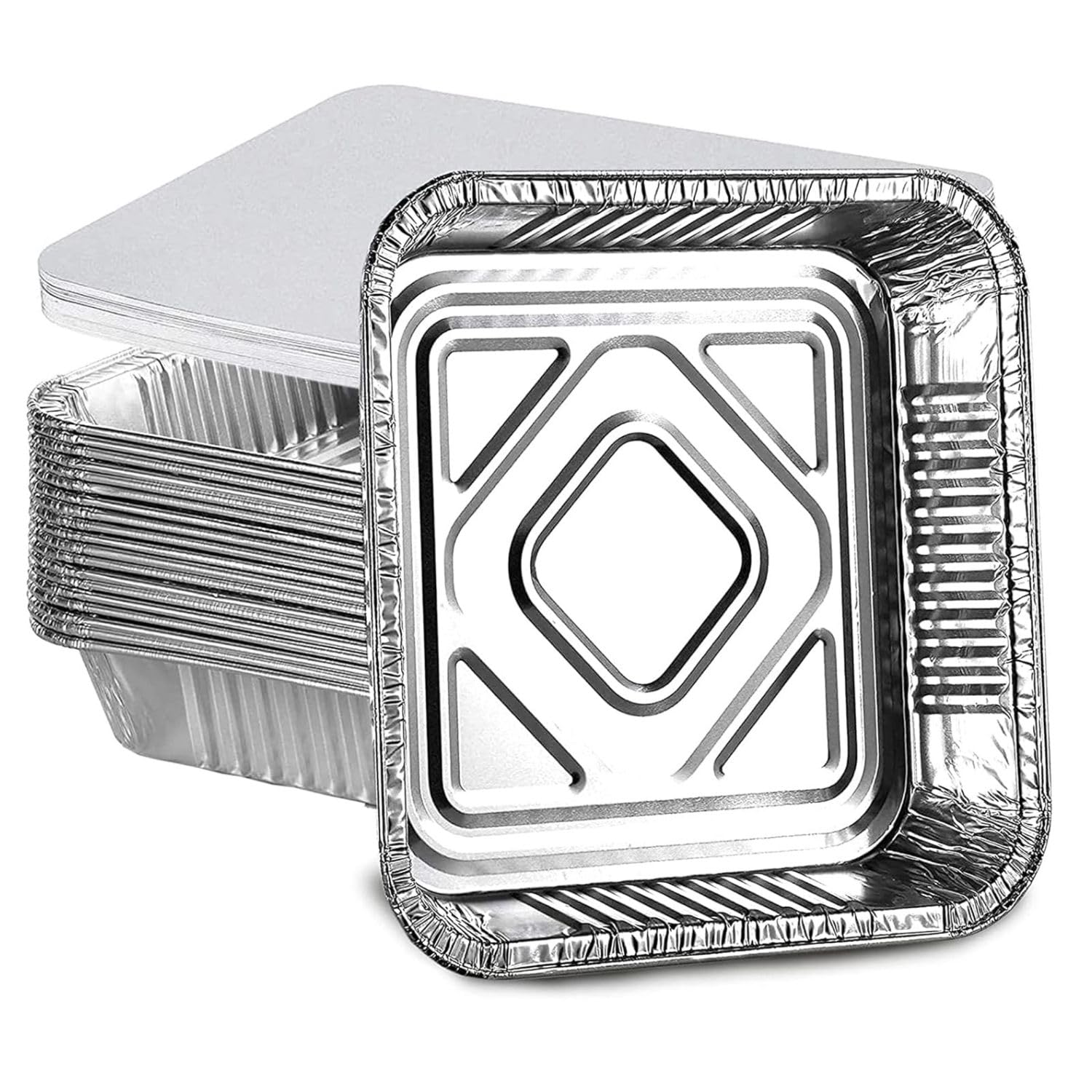 HOMESmith 10 Pack Aluminium Foil Trays with Lids Containers Strong and Large Tin Foil Food Take Away Container Disposable Food Take Out Box with Lid|2 Litre |, Silver