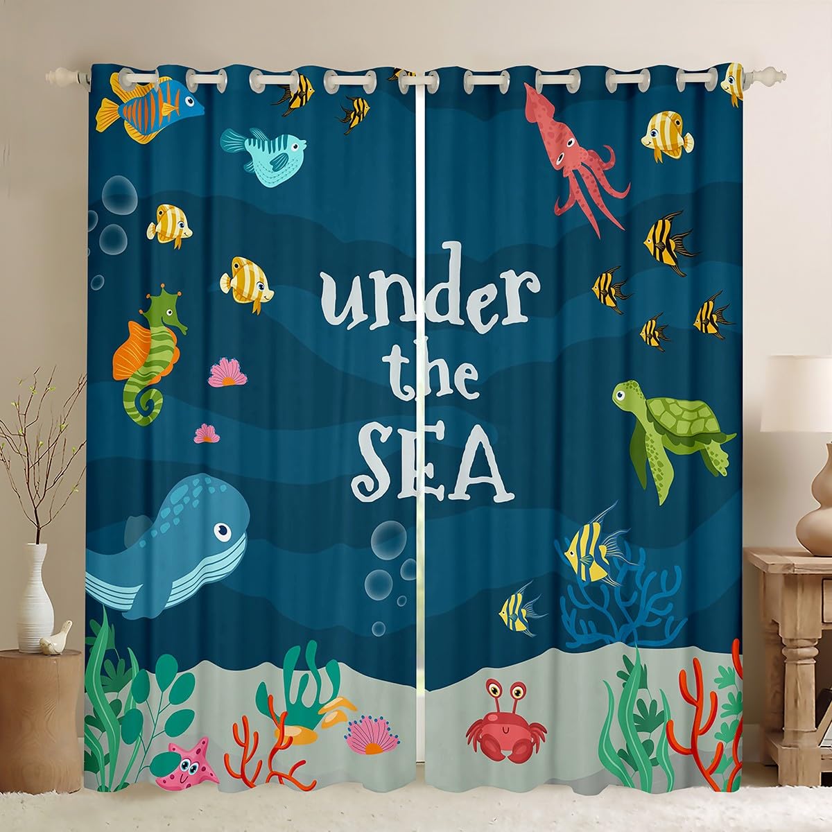 Homemissing Boys Multicolored 13235 Sea Underwater World Window Dreapes Whale Curtains For Bedroom Living Room Kids Ocean Creature Themed Blackout Curtains(30%-50%) Sealife Window Treatments W52*L90