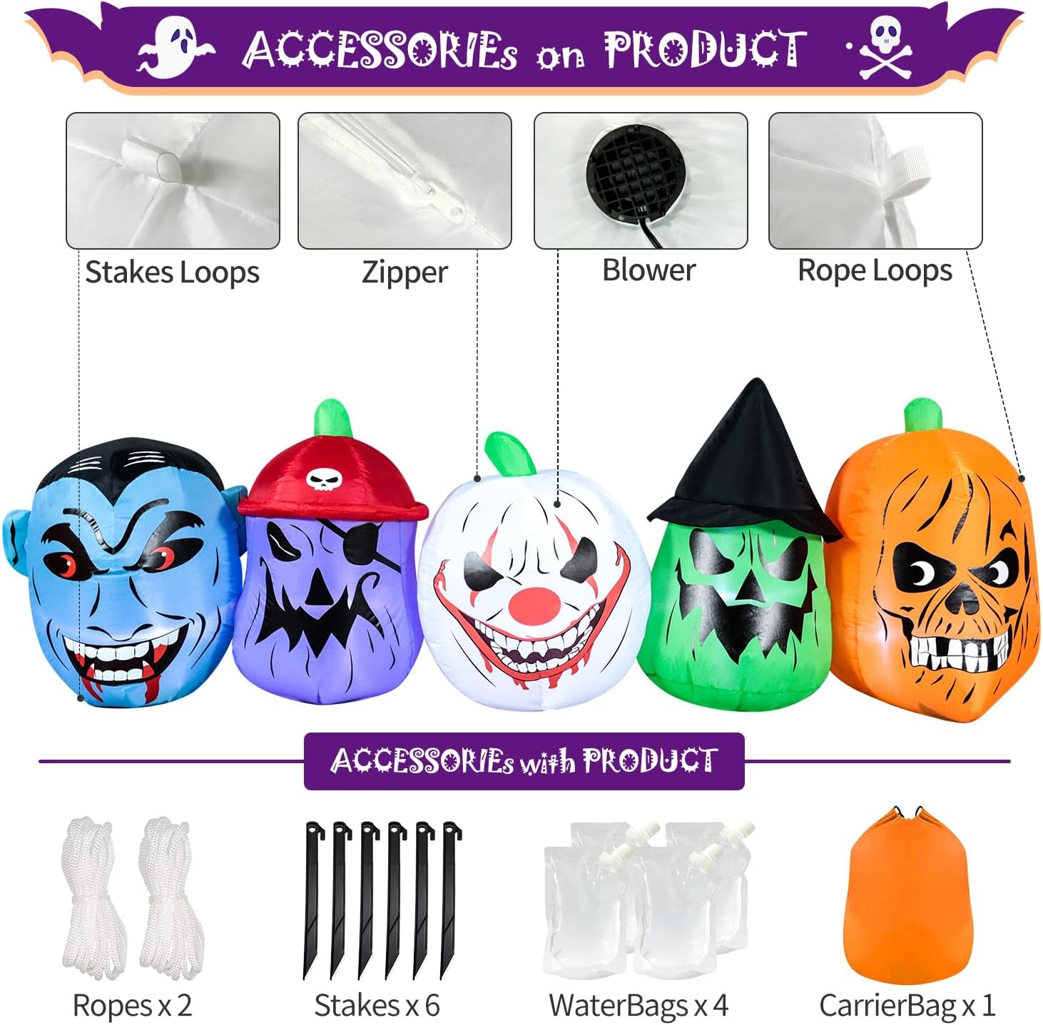 DomKom Halloween Inflatable Blow Up Decorations, 8FT Vampire Pirate Clown Witch and Spooky Pumpkin Giant Head, Built-in LEDs for Halloween Party, Garden, Lawn, Yard Décor