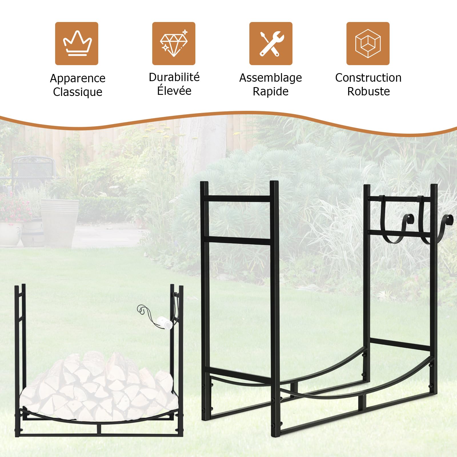 GOPLUS Range Bûches Cheminée, Porte Buches de Bois de Chauffage Intérieur Extérieur avec Support Amovible Pour Bois d'Allumage Charge 50 kg 84 x 33 x 76 cm - 4