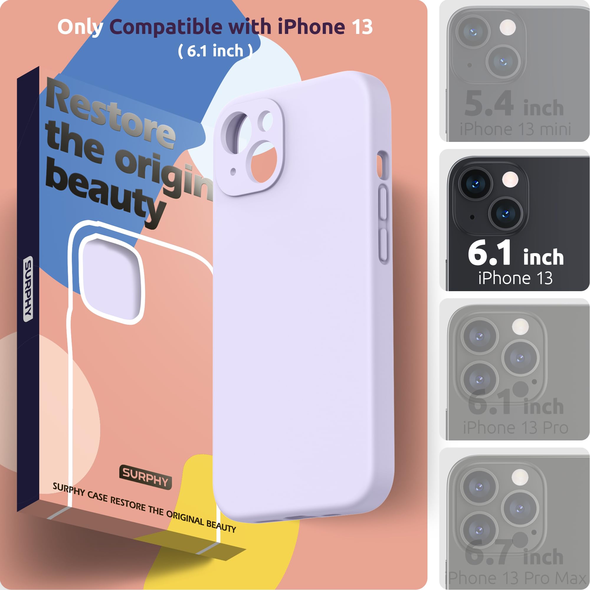 SURPHY Cover per iPhone 13 con Vetro Temperato (6,1"), Custodia per iphone 13 Silicone con Protezione Fotocamera, case protezione Completa,Antiurto, Morbida Microfibra Antigraffio (Lavanda chiara)