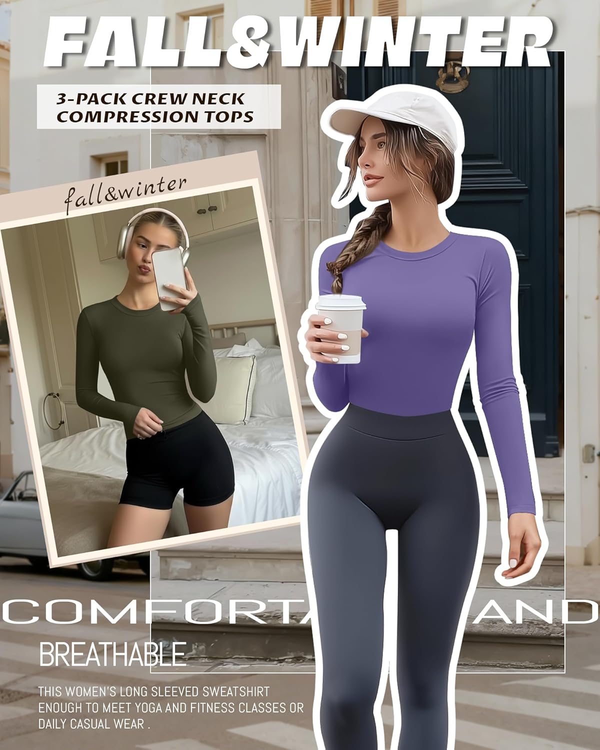 3 Pack Womens Compression Shirts Long Sleeve Crew Neck Tops Slim Fit Undershirts Workout Yoga Athletic - Image 5