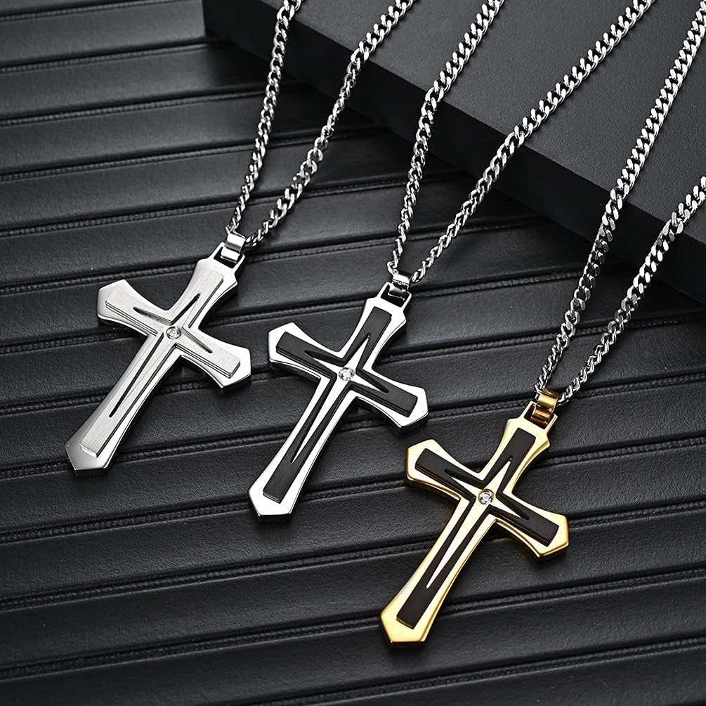 JO WISDOM Cross Necklace 316L Stainless Steel Titanium Steel Cross Crucifix Pendant Cross Black and Silver Religious Jewelry for Men and Women with Pearl Chain - Image 5
