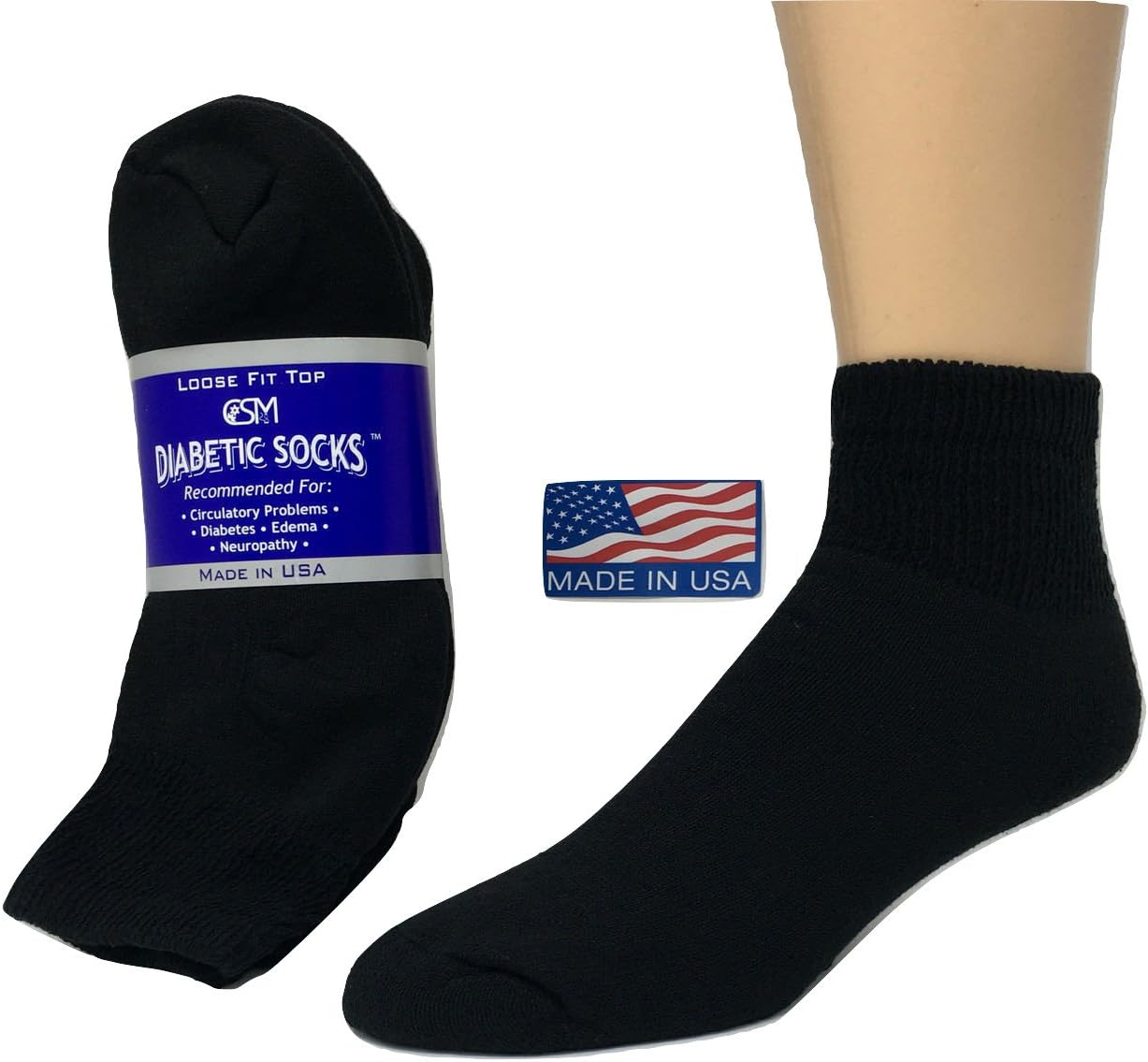 Creswell Diabetic Socks, 6 Pairs , Low Cut, Size 13-15 X-Large, Black