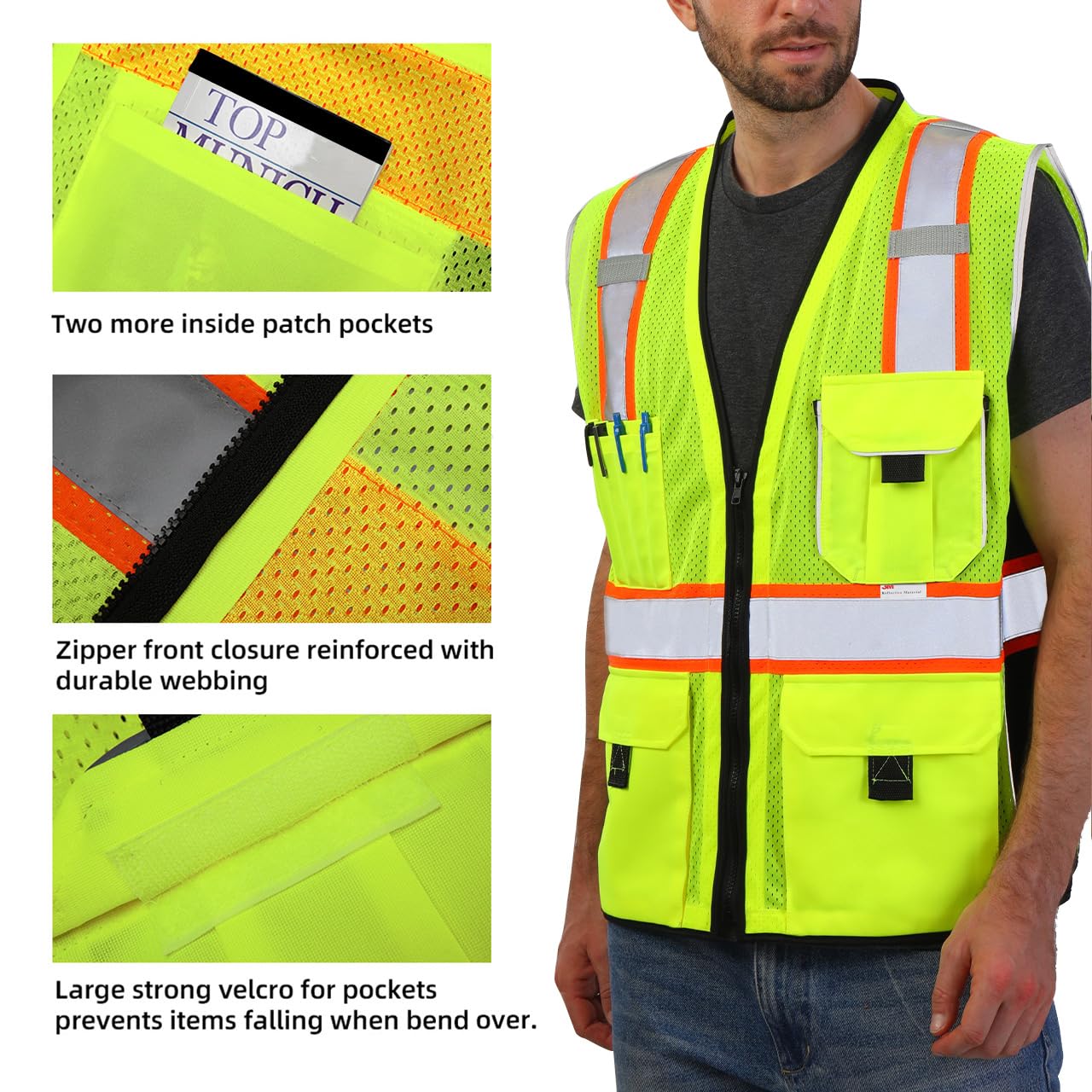 Dib Safety Chaleco reflectante con bolsillos de malla, cremallera con cinta adhesiva 3M.