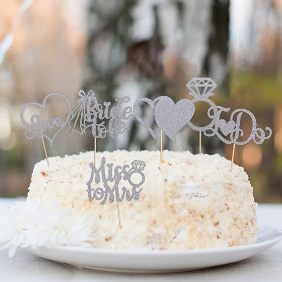 12Pcs Cupcake Toppers, Silver Cake Toppers with Diamond Ring Bride, 3D Heart Wedding Dress Cupcake Topper for Bridal Shower Wedding Engagement Bachelorette Party Cake Decorations