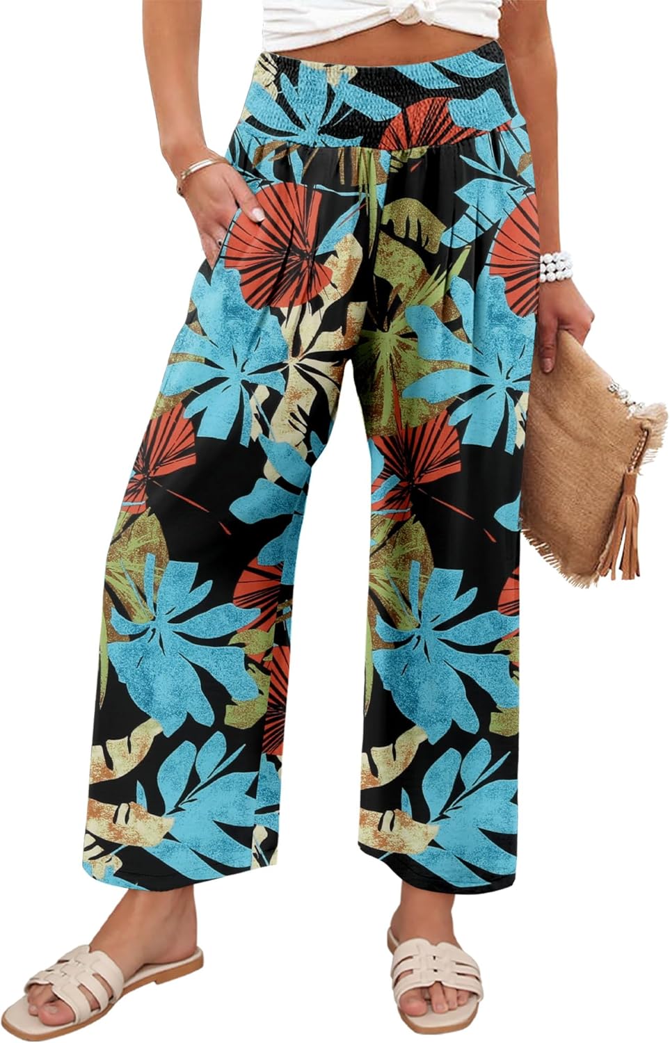 Angerella Women's Wide Leg Pants Casual High Waisted Palazzo Pants Summer Flowy Beach Lounge Trousers with Pockets