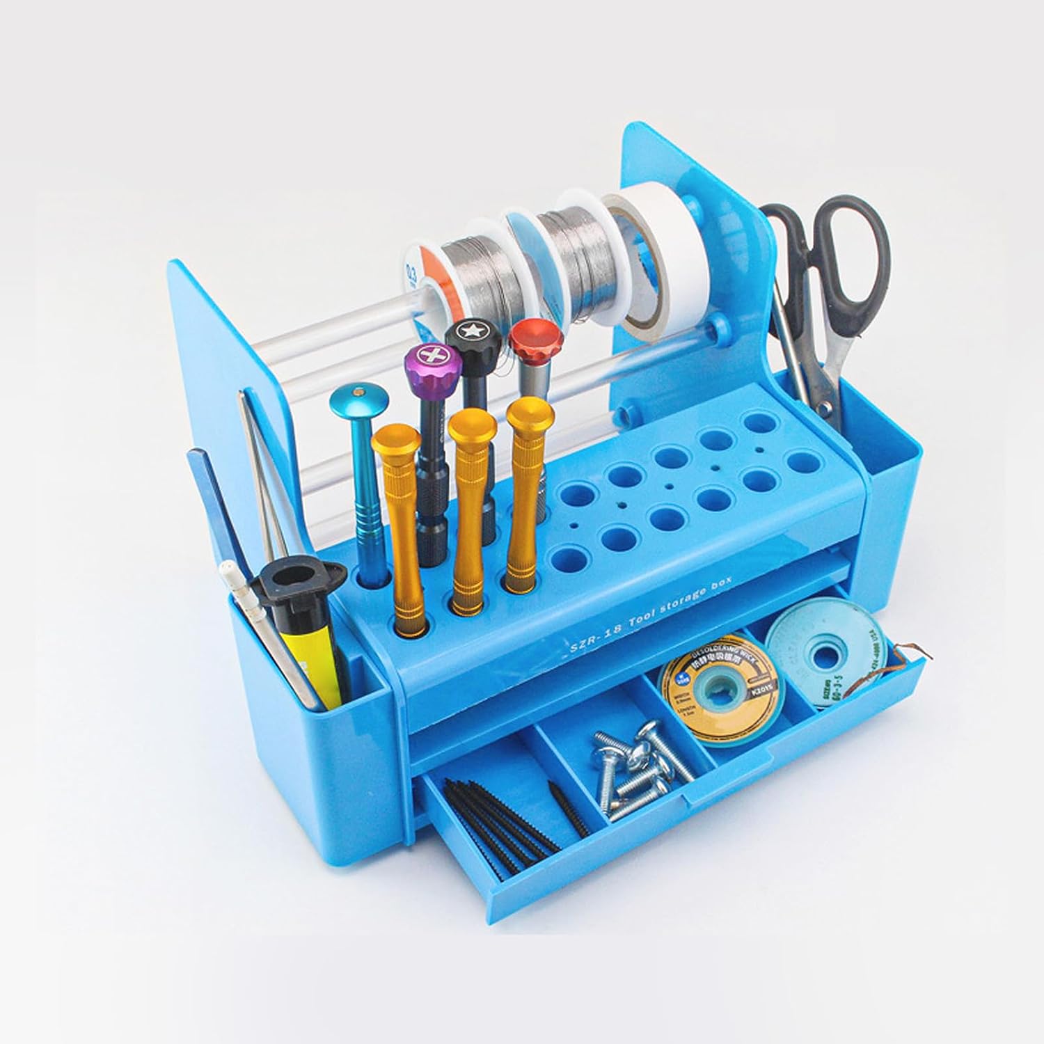 Septpenta Screwdriver Organiser Kit, Large Capacity Desktop Organiser with Side Storage Slots and Drawer Storage for Tweezers and Small Items