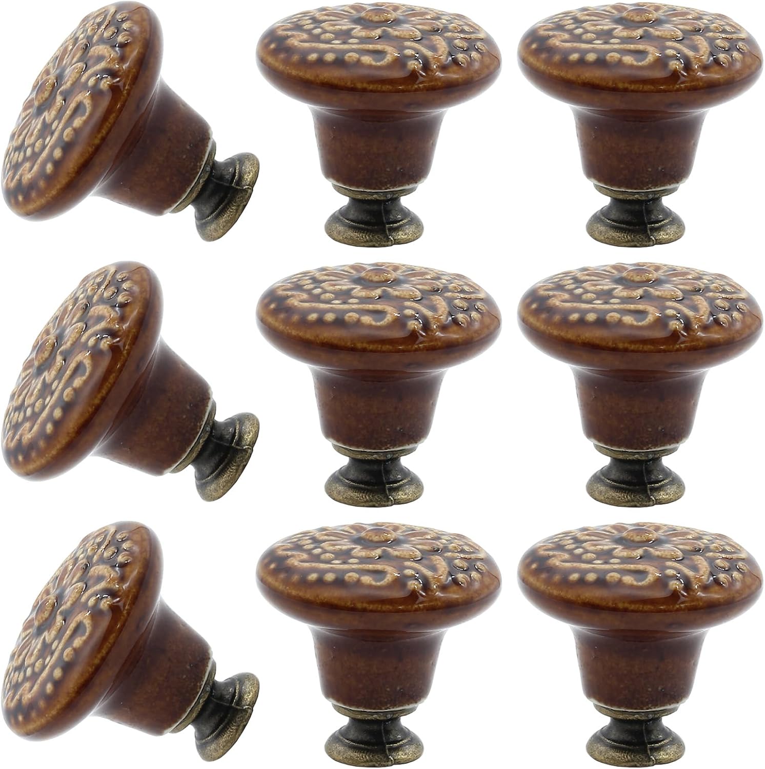 8pcs Brown Ceramic Knobs, Vintage & Retro Dresser & Cabinet Knobs, Decorative Drawer Pull Handles