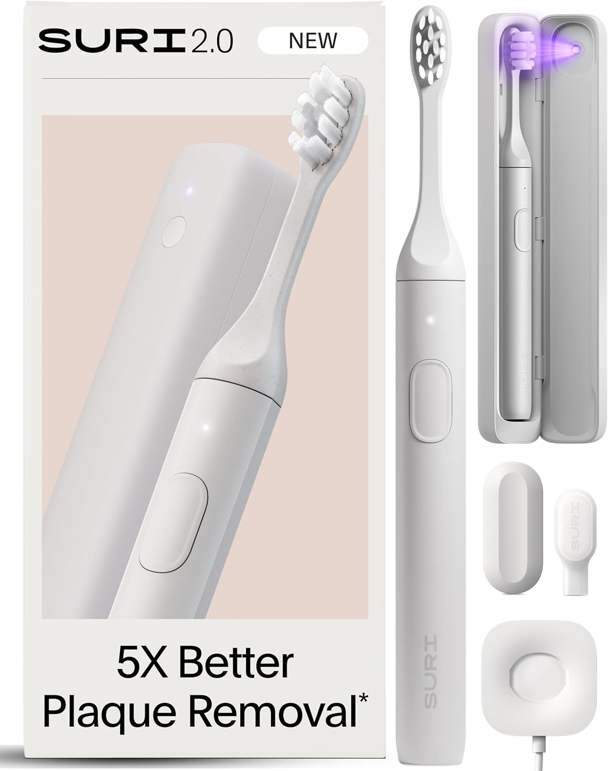 SURI 2.0 New Sonic Electric Toothbrush with Pressure Sensor & UV-Cleaning Travel Case | 1 Month+ Battery | Electric Toothbrush for Adults | Travel Toothbrushes | Tooth Brush | White