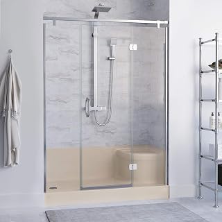 Aquatique 60" x 32" Single Threshold Shower Base with Left-Hand Drain & Right-Hand Seat in Biscuit Acrylic Shower Pan Slip-Resistant Design Easy Installation