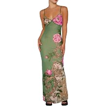 Womens Sexy V Neck Satin Maxi Dresses Spaghetti Strap Floral Print Dresses Slim Fit Elegant Long Dresses Night Party Outfits