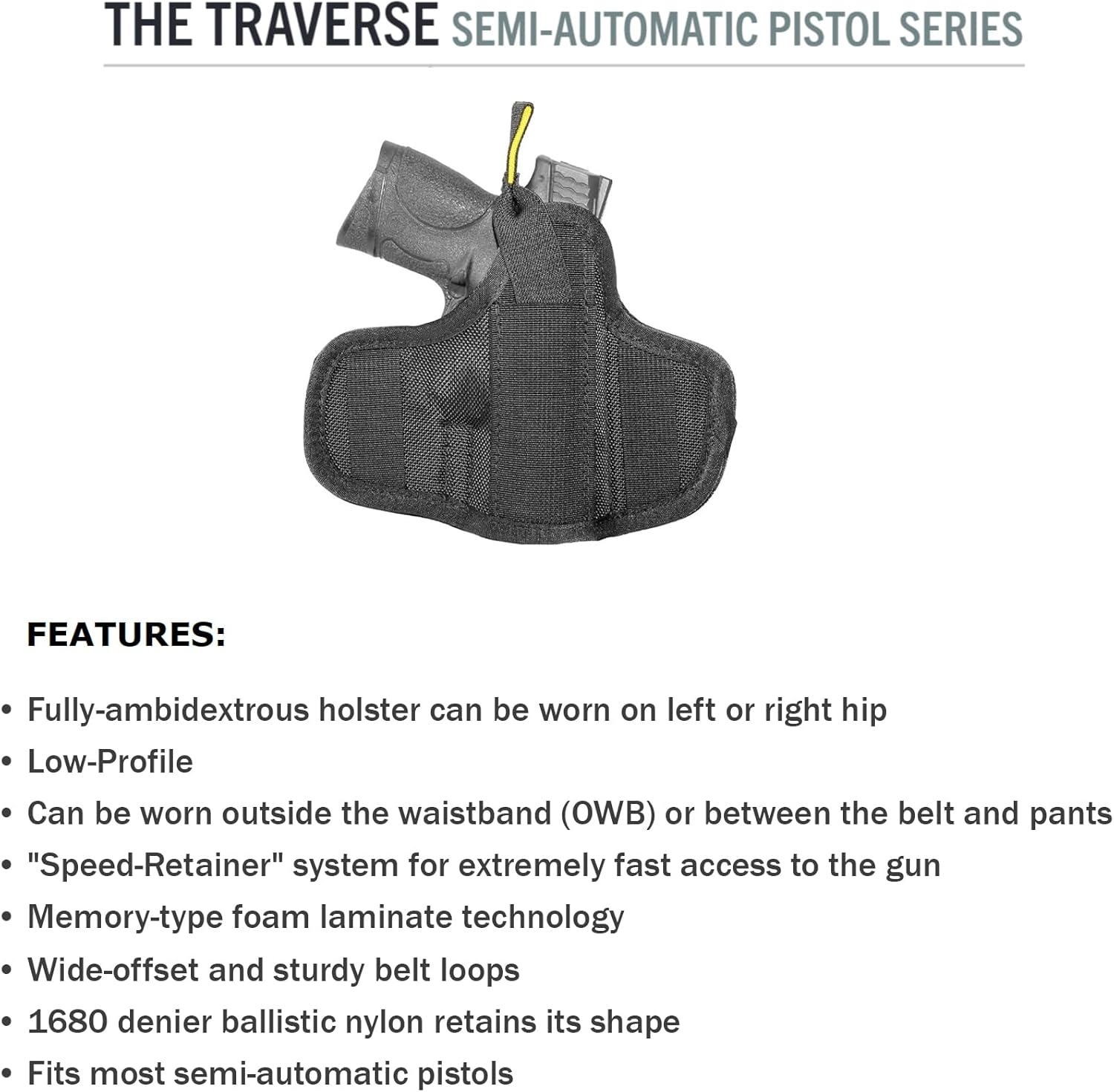 Crossfire The Traverse OWB Low Profile Ambidextrous Holster for Semi-Automatic Pistols - Durable Compact Conceal Carry Outside The Waistband Handgun Holster for Men & Women - Black