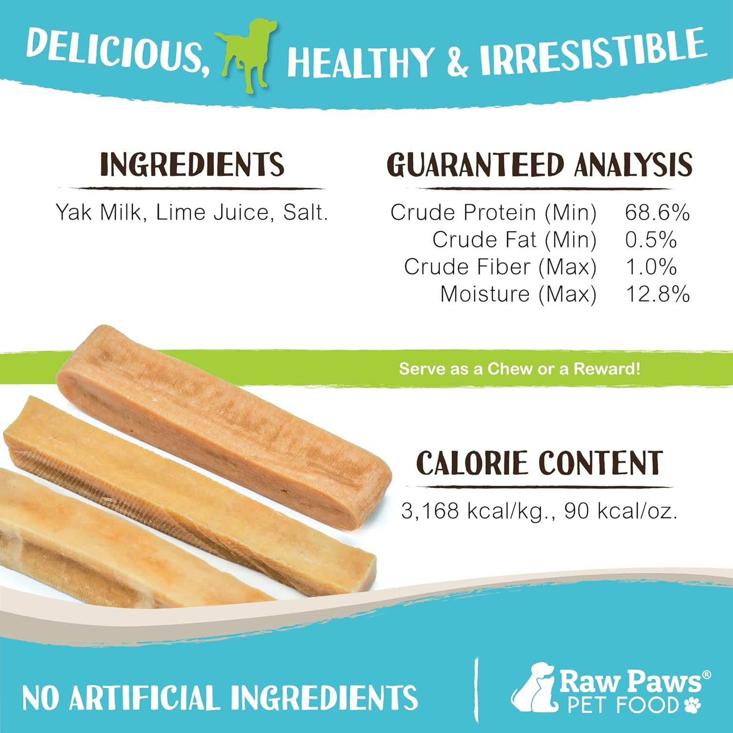 Raw Paws Himalayan Yak Chews for Dogs, Medium (50 Count) - Packed in USA - Tibetan Yak Cheese Dog Chews for Medium to Large Breeds - Hard Milk Dog Chew Bones - Single Ingredient & Long Lasting