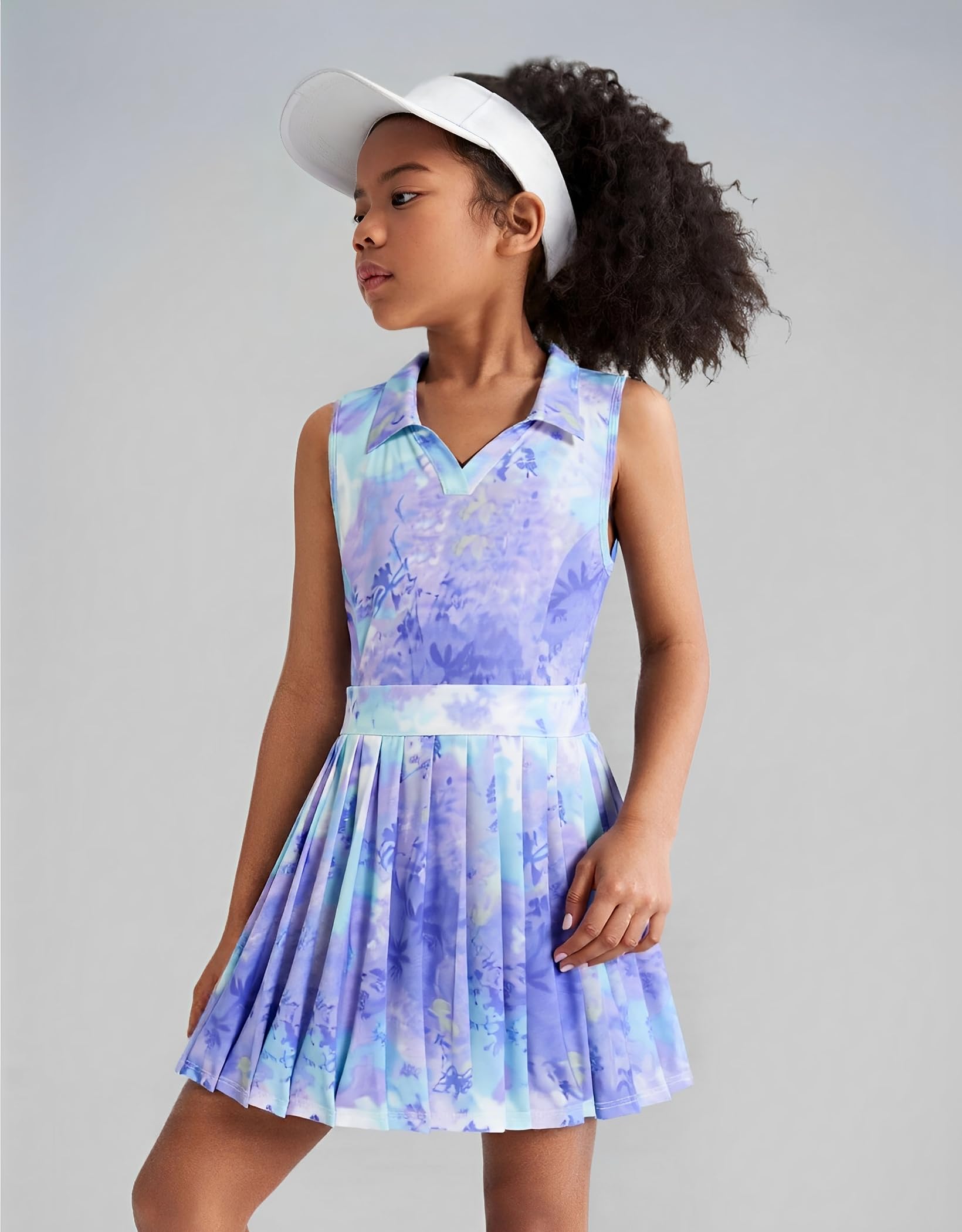 JiAmy Vestido de tenis para niñas, sin mangas, cuello en V, vestido atlético, corte en la espalda, plisado, vestidos de golf para niñas, 3-12 años