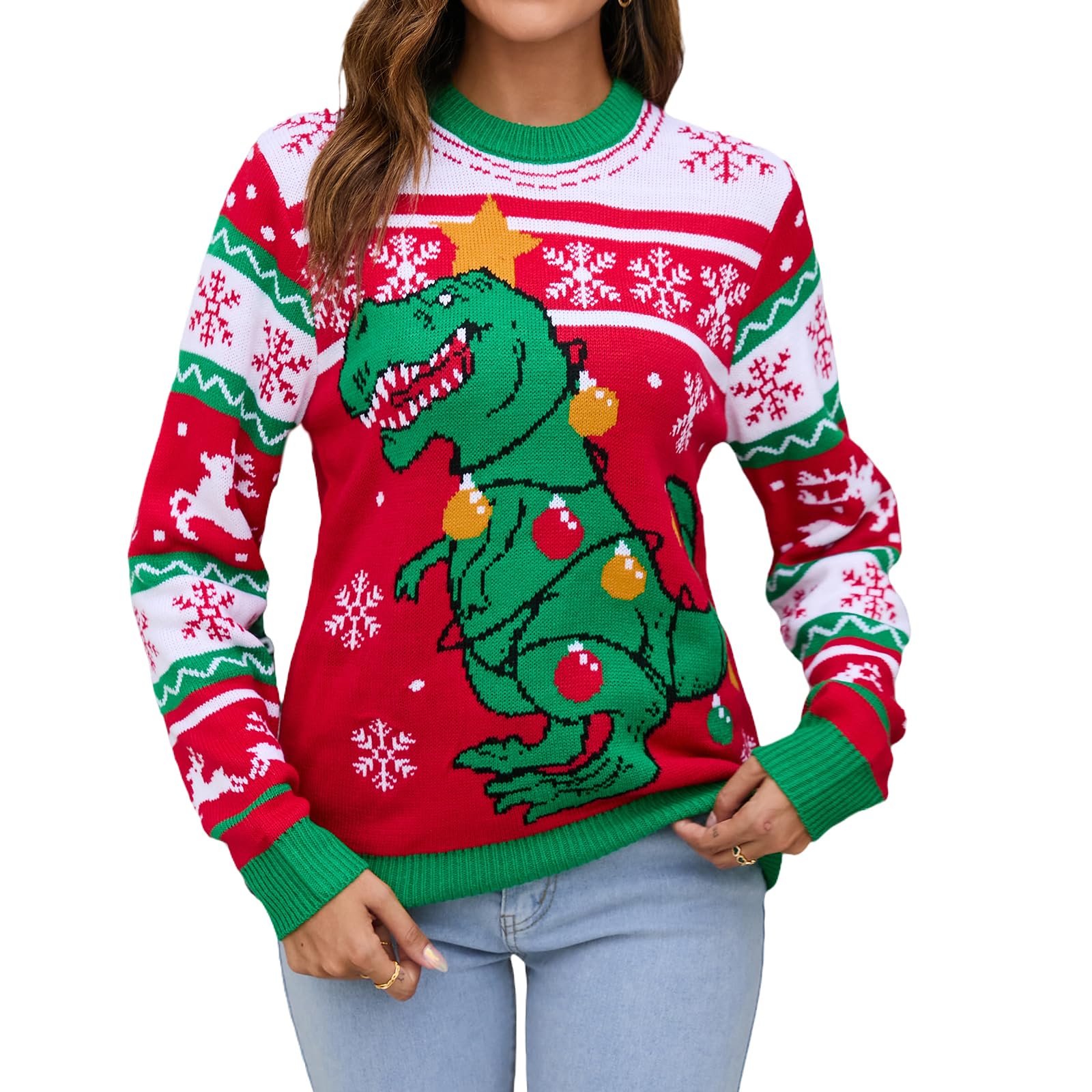 LUBOT Ugly Christmas Sweaters for Women Cute Fuzzy Funny Wintertime and Holiday Parties Knitted Pullover Sweater T-Rex Small