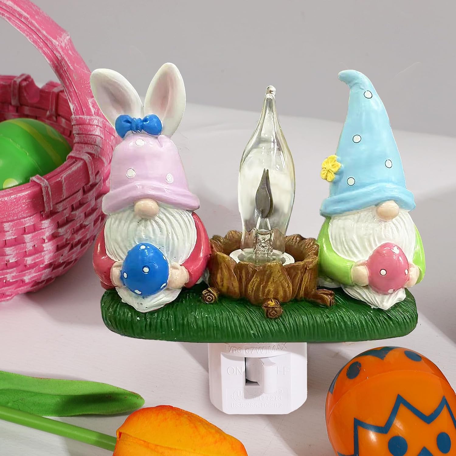 Gnomes Campfire Flickering Nightlight, Rabbit Night Light Plug into Wall Easter Night Light with Switch, Gnomes Decorations for Home (Easter Gnomes)