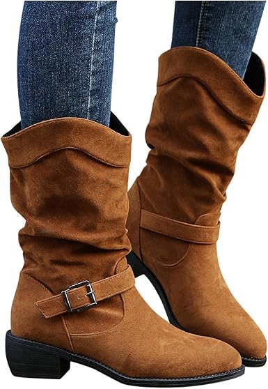 Amazon.com: Botas de vaquero para mujer, de tacón bajo de media  pantorrilla, botas vaqueras de moda, estilo vintage, punta redonda, botas de  combate de pantorrilla ancha : Ropa, Zapatos y Joyería