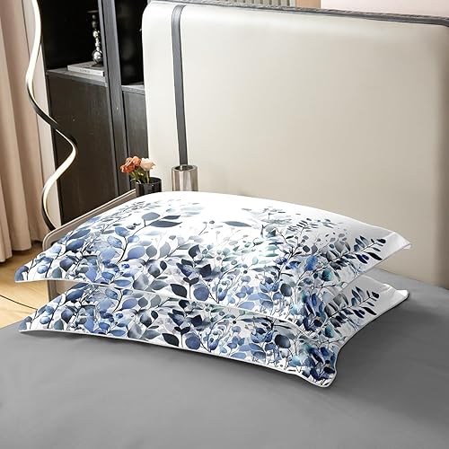 Miniatura 5 de Funda de edredón 100% algodón azul y gris, funda de edredón floral tamaño completo, juego de ropa de cama de plantas verde azulado, funda de edredón