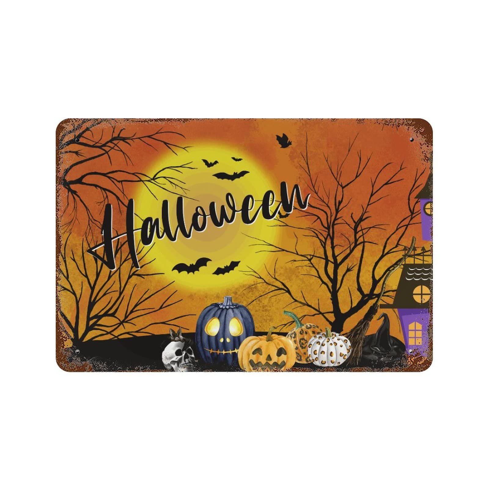 Panneau en métal Halloween citrouilles et château pour décoration extérieure