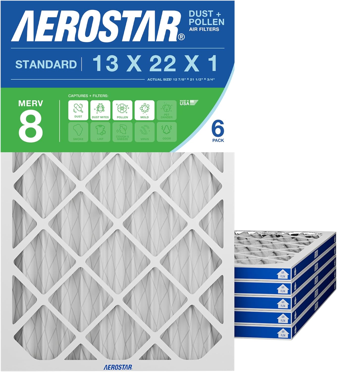 Aerostar 13x21x1 MERV 8 Pleated Air Filter, 6 Pack, AC Furnace Filters, HVAC Filter Replacement for Home, Dust Pet Dander Allergy Control, Electrostatic, MPR 600 FPR 5 (12.88x21.5x0.75)