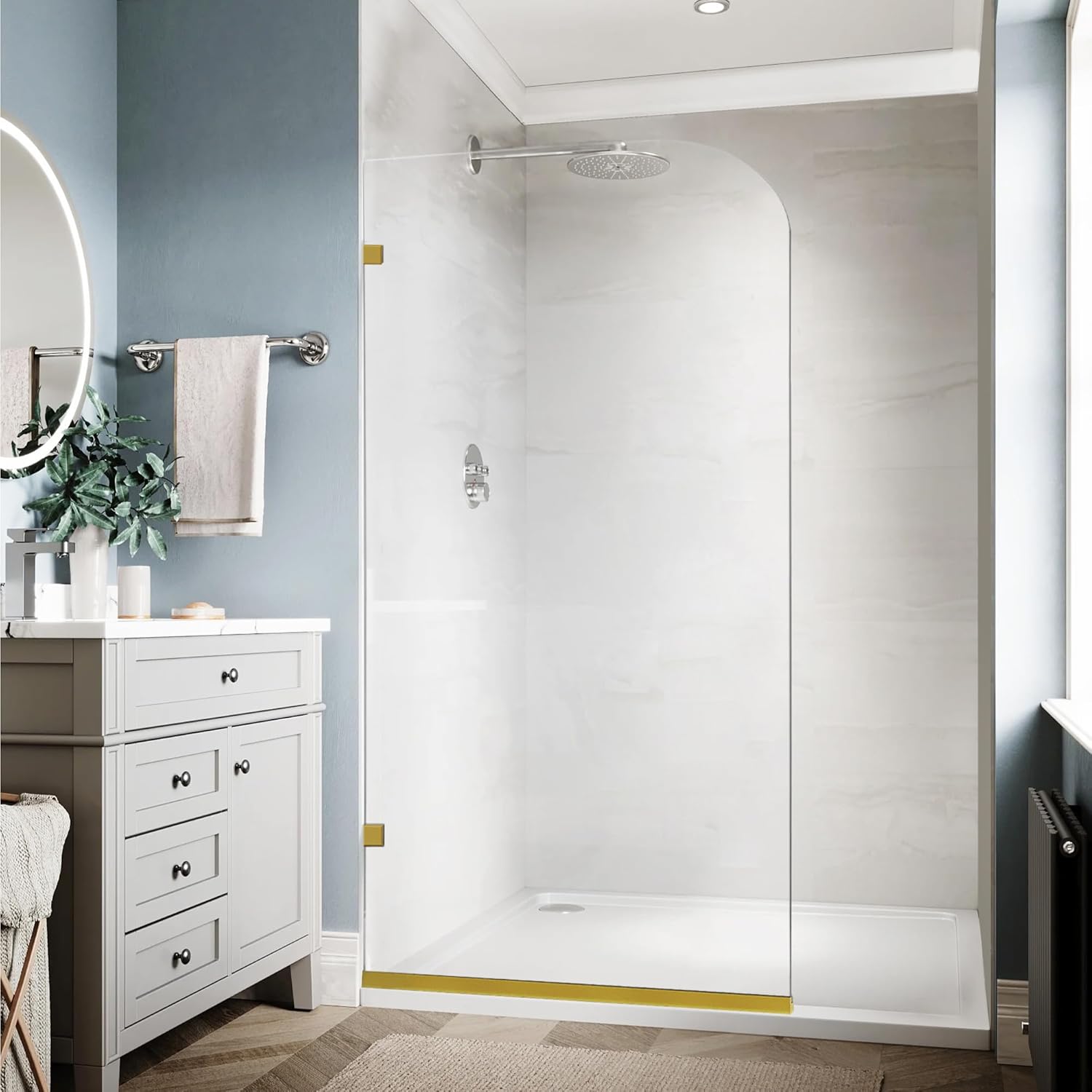 Bathroom Shower Door, 48" W ×74" H Fixed Shower Glass Panel, 5/16"(8mm) Thick Clear Glass Shower Door, Frameless Shower Panel in Brushed Gold