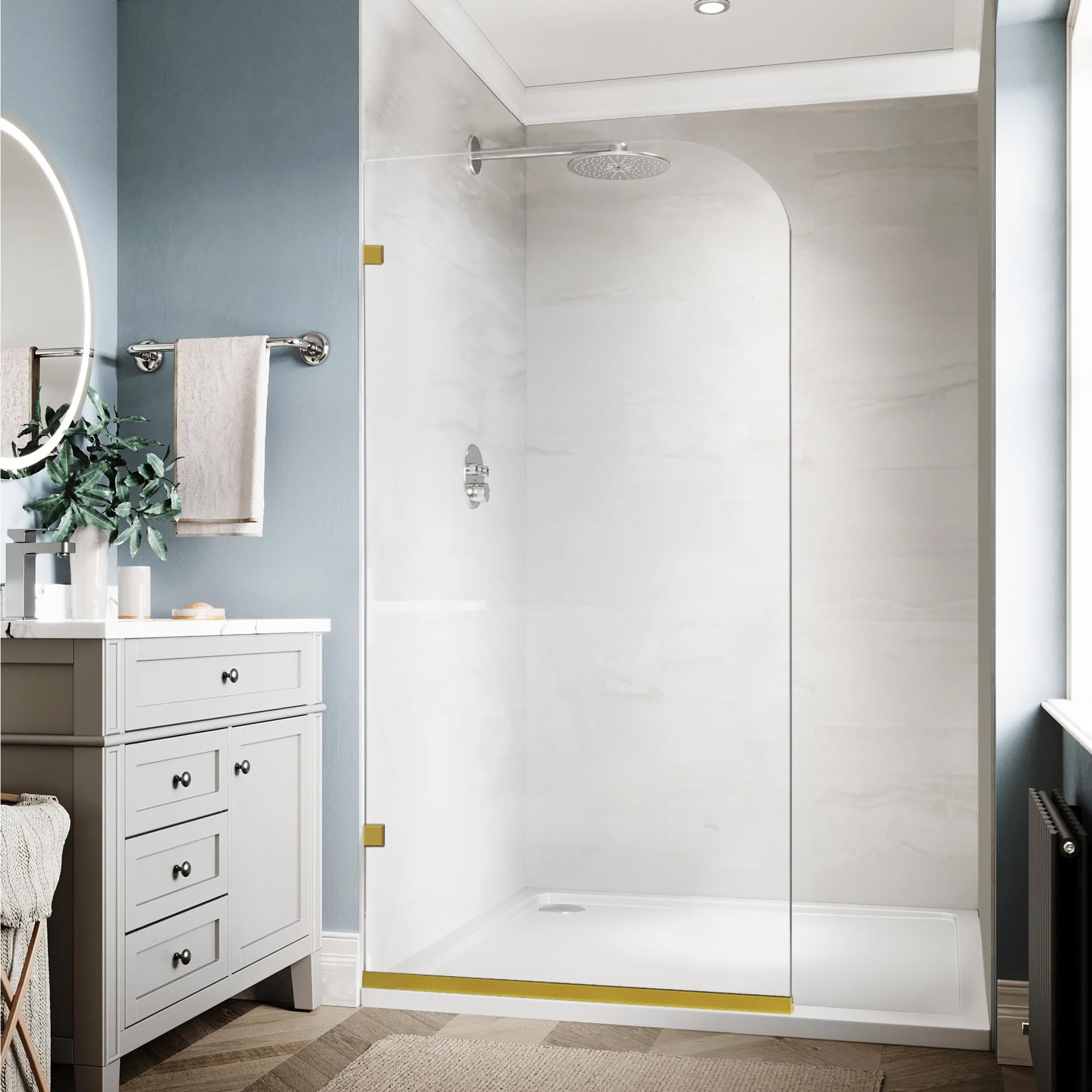 Photo 1 of ELYXIAN 48" W x 74" H Fixed Shower Glass Panel, Brushed Gold----FACTORY SEALED