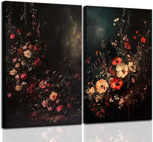 2 piezas de lienzo enmarcado vintage floral Moody floral, arte de pared, impresiones botánicas oscuras con rosas y flores silvestres, pintura de