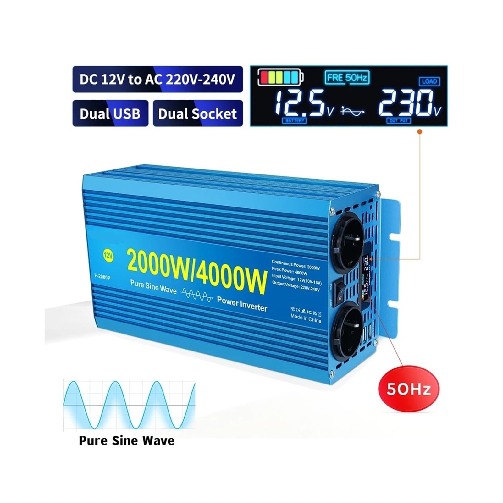 Inverter Inverter a Onda sinusoidale Pura da 1000 W a 4000 W, da CC a CA, for casa/Esterno, Pannello Solare, Display, Auto, convertitore(Deepener 10-12-14)