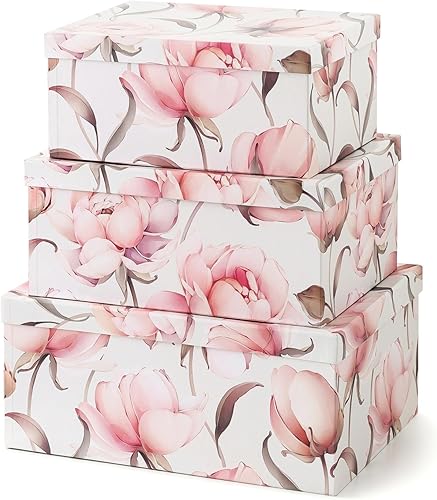 Soul & Lane Cajas de almacenamiento decorativas de cartón para decoración del hogar, peonías paradisíacas, juego de 3 cajas de cartón floral con