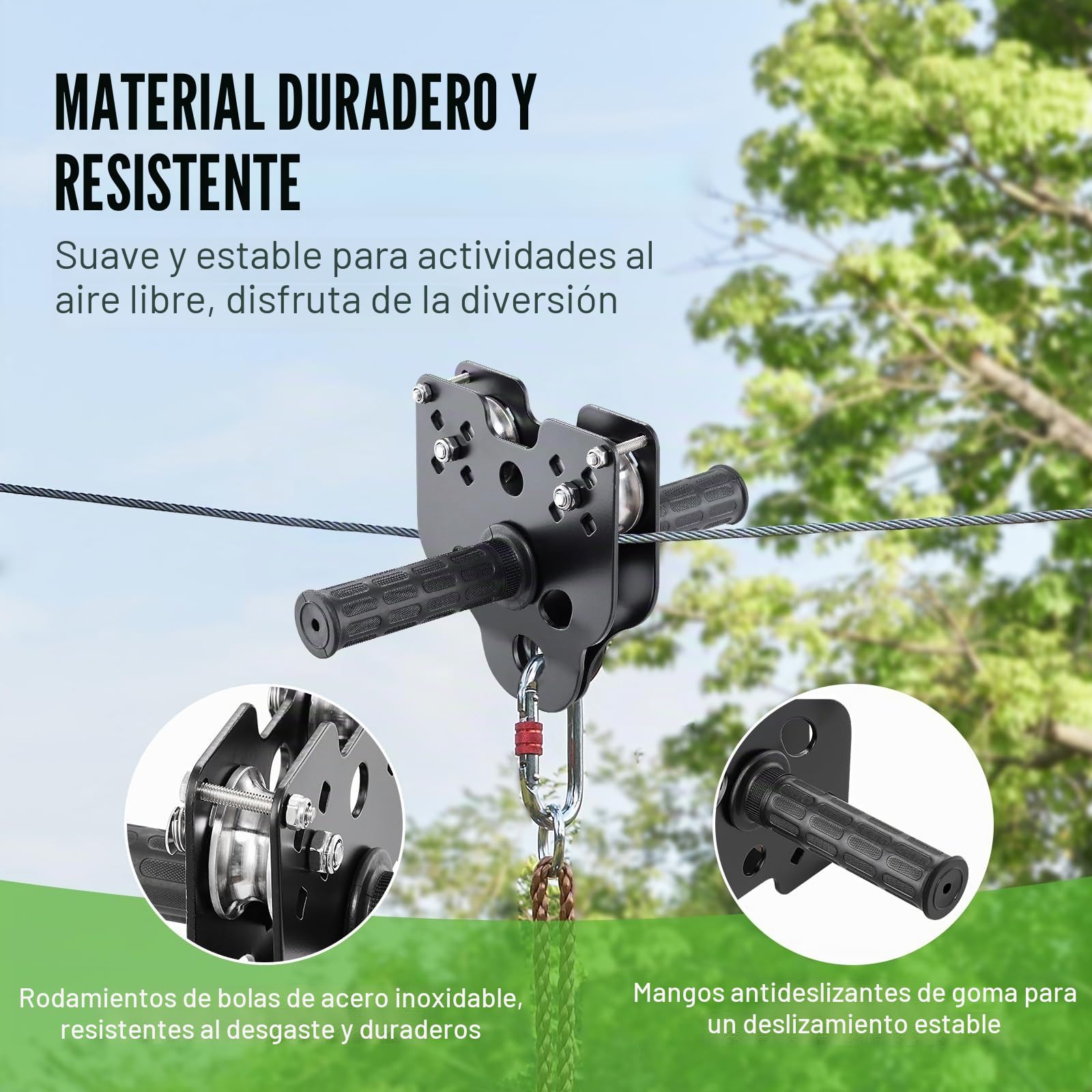 VEVOR Kit de Tirolesa de 36,6 m Carga de 150 kg, Fácil Configuración con Cinturón de Freno de Resorte y Arnés de Seguridad, para Jardín, Patio Trasero (Solo para Adolescentes, No Apto para Adultos)